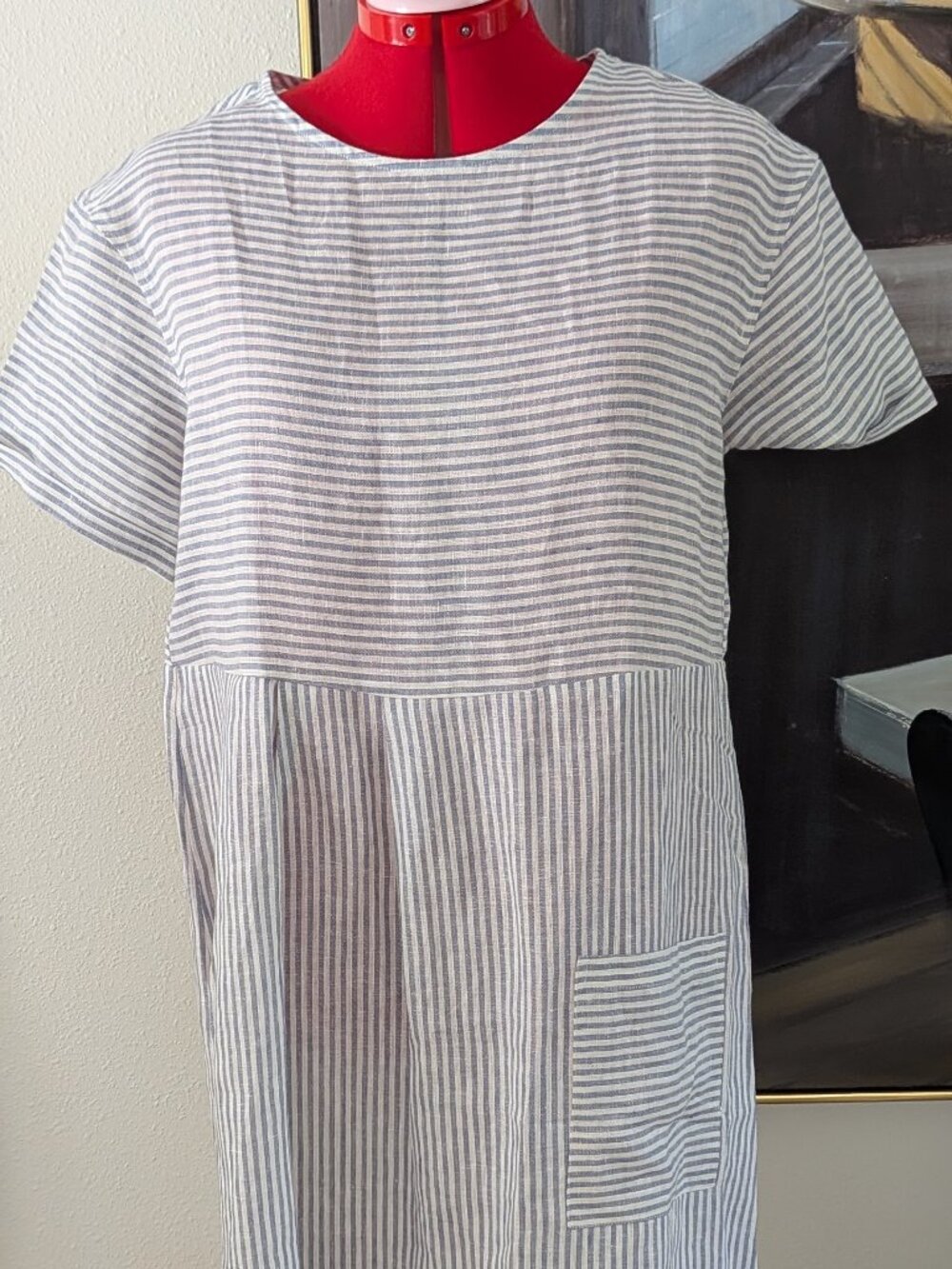 NWOT - Small Lintico MORGAN Linen Blue/White Stripe Pleated Short Sleeve Dress